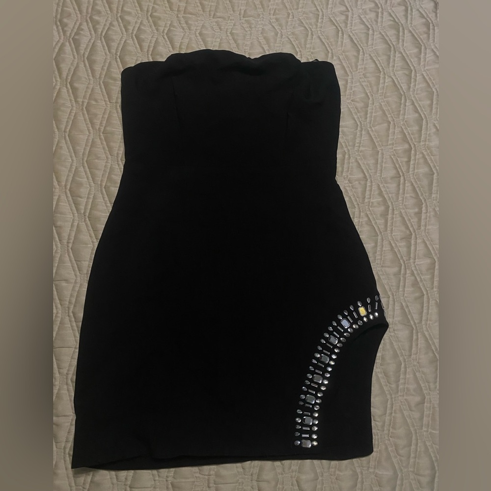 Black Strapless Bodycon Dress with Embellished Jeweled Side Detail